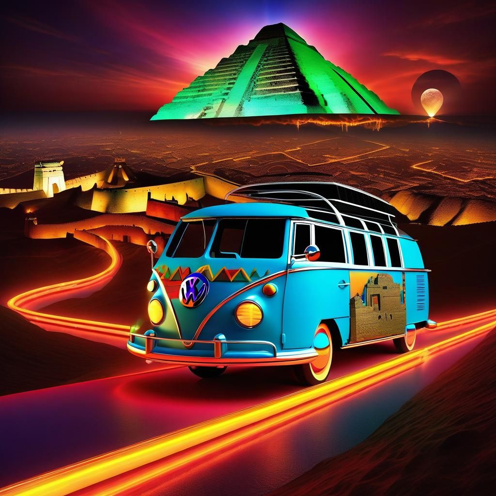 Surreal Mapamundi Journey in Neon Volkswagen