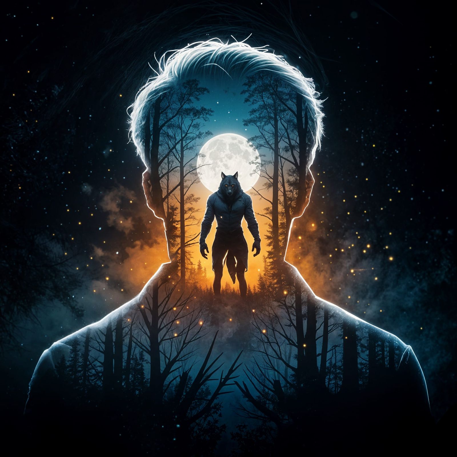 Shadowy Man with Werewolf in Ethereal Forest