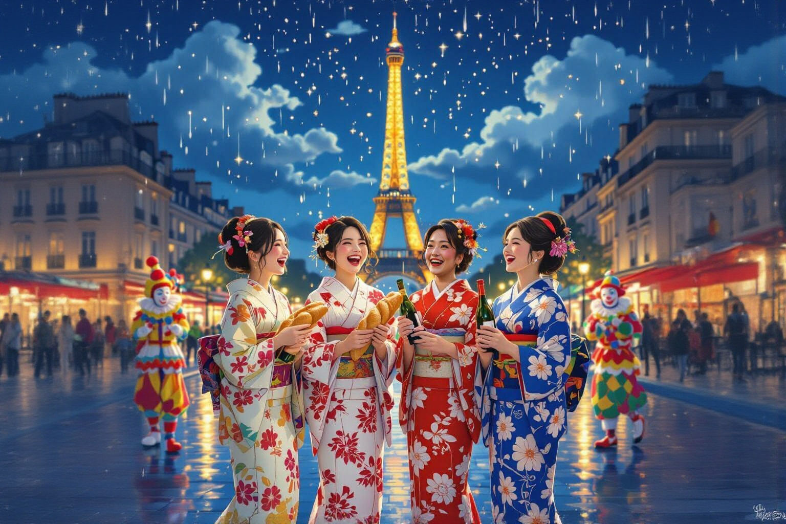 Rainy Evening at Trocadéro with Kimonos and Clowns
