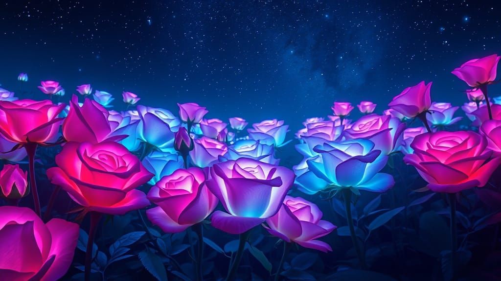Surreal Nocturnal Garden of Glowing Pastel Roses