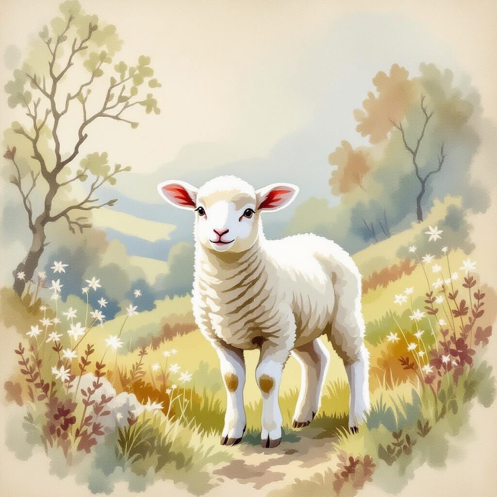 Timid Lamb in Whimsical Watercolor Landscape