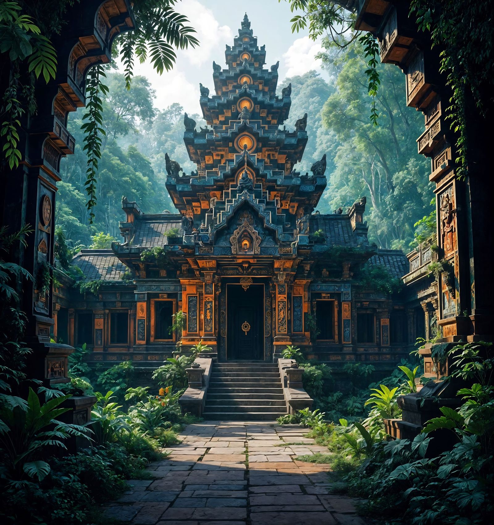 Rainforest Temple in Kaleidoscopic Art Nouveau Style