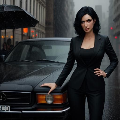 Beautiful Woman in Black Suit in Rainy Scene