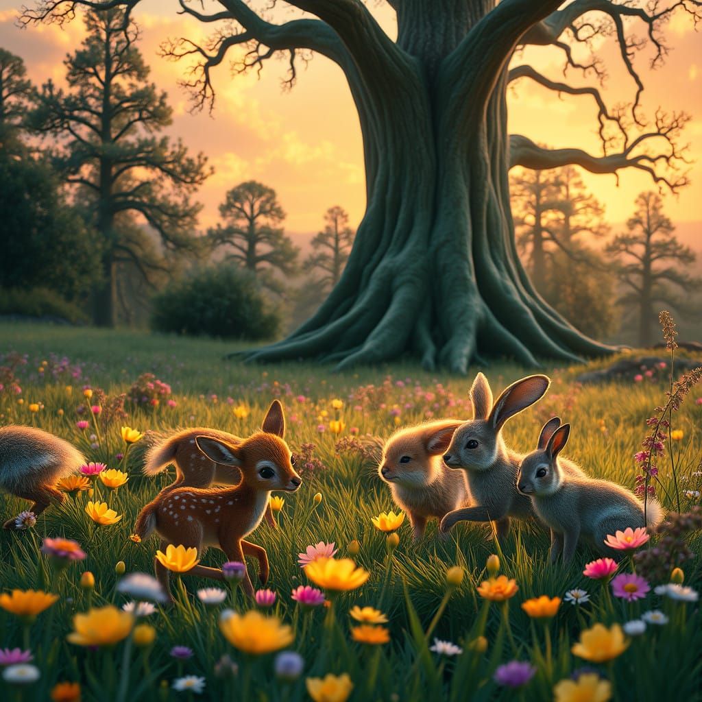 Whimsical Gathering of Baby Animals in a Vibrant Fantasy Mea...