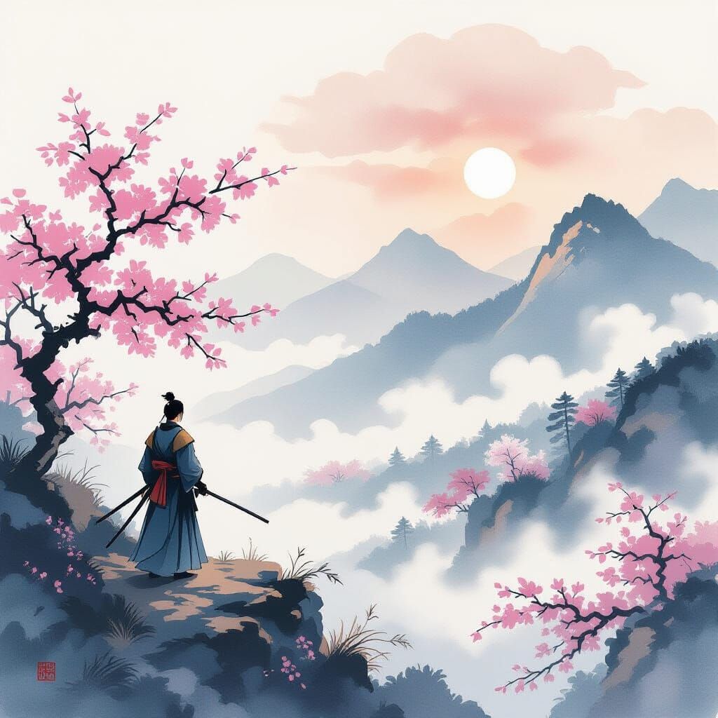 Samurai Warrior Overlooks Misty Valley in Ukiyo-e Style