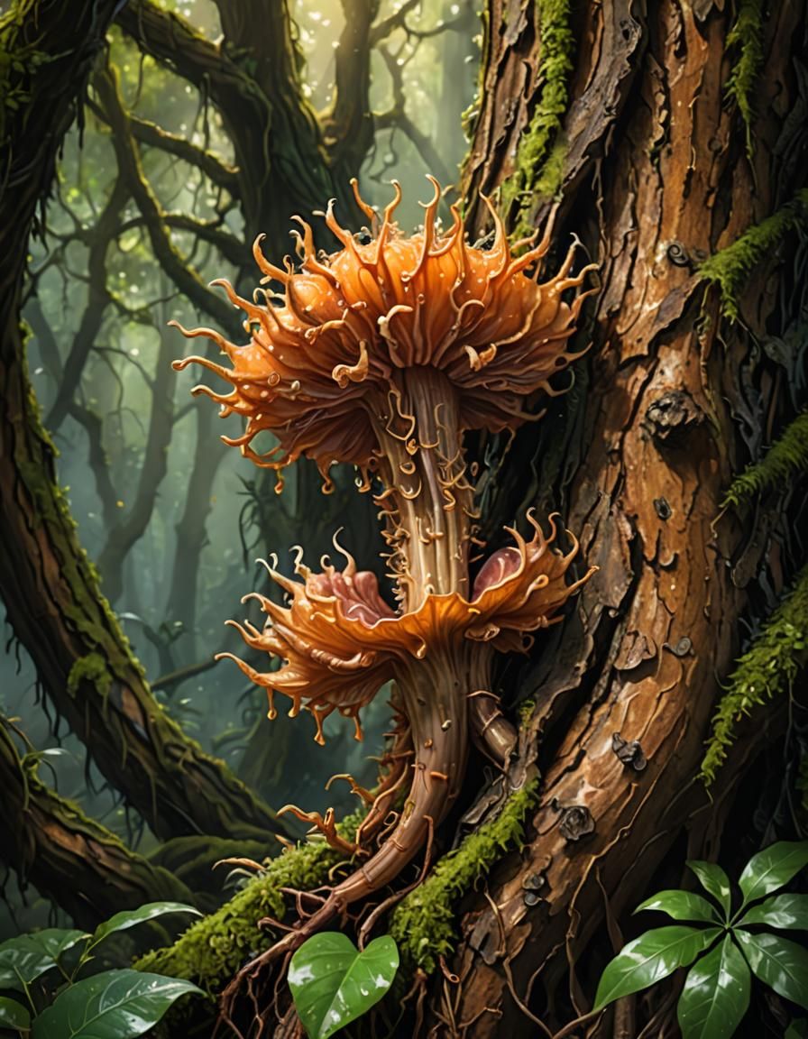 Luminescent Cordyceps Mushroom on Oak, 4K Digital Art