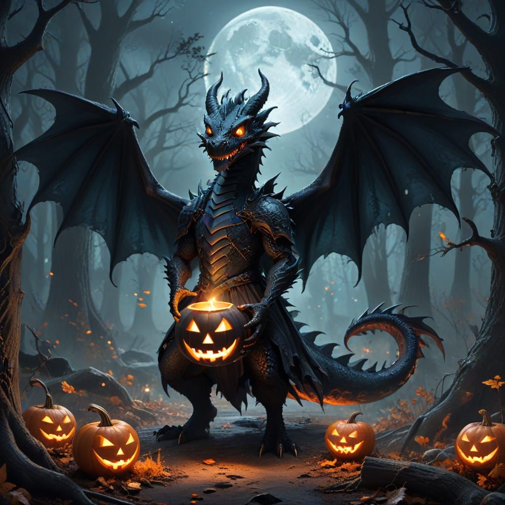 Friendly Witch Dragon with Jack-o'-Lantern in Haunted Forest