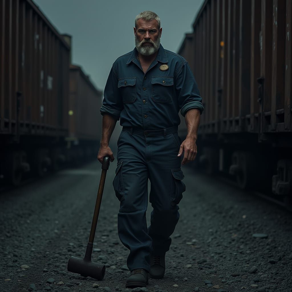 Hyper-Realistic Portrait of a Man in Freight Yard at Midnigh...