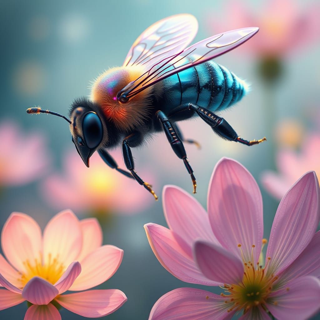 Bioluminescent Bee Hovering Over Alien Flowers