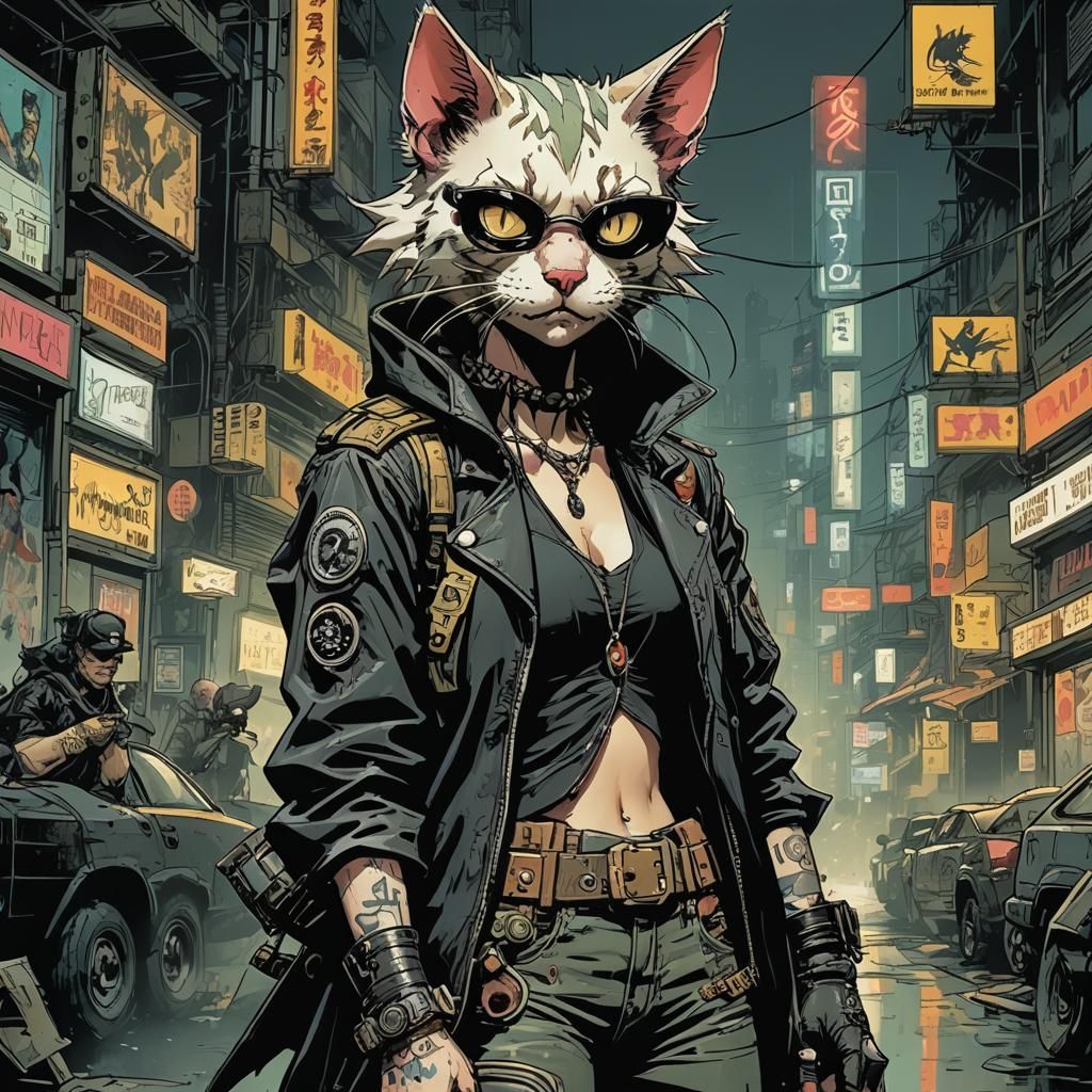 Cyberpunk Cybercat in Neo-Noir Fantasy Style