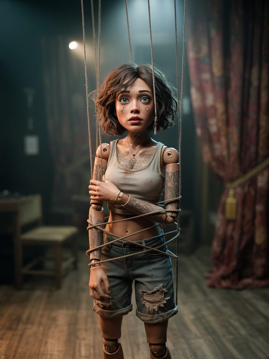 Puppet Tangled in Strings on Dim Stage