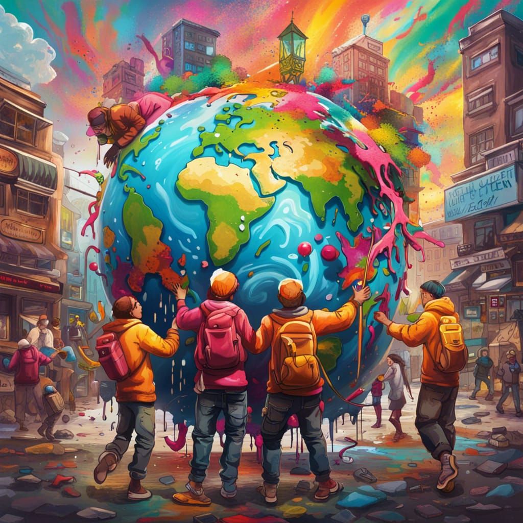 People Holding Earth: Detailed Matte Painting in Graffiti St...