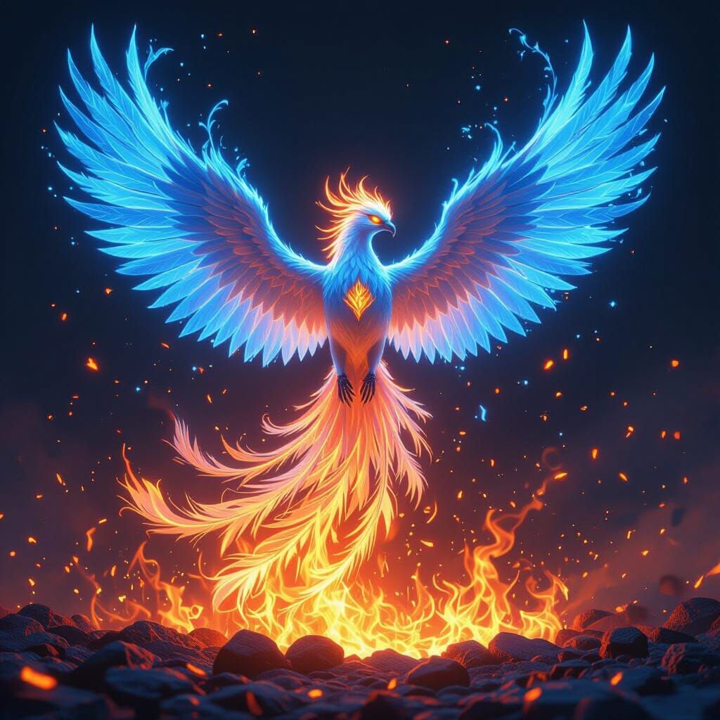 Blue Flame Phoenix Rising: 3D Anime Art