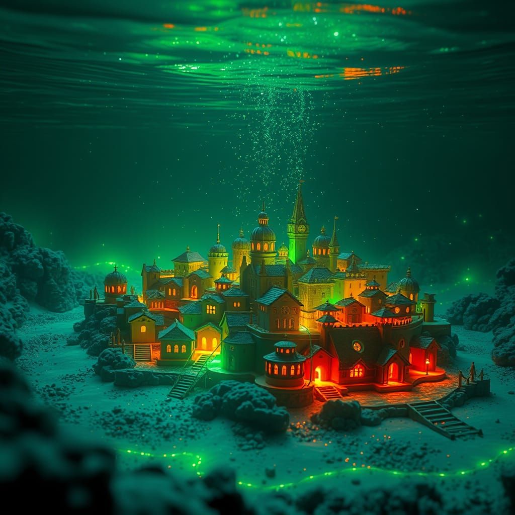 Underwater Neon Cityscape: Miniature Metropolis
