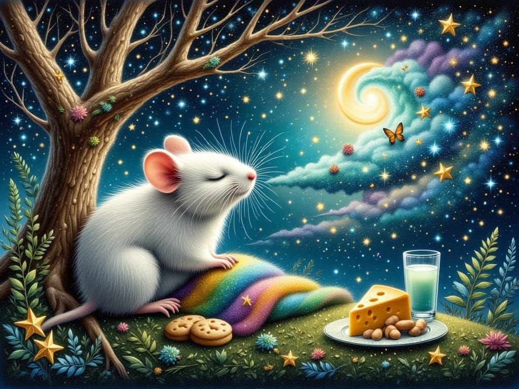 Whimsical Oil Painting of Mouse Dreaming Under Enchanted Tre...
