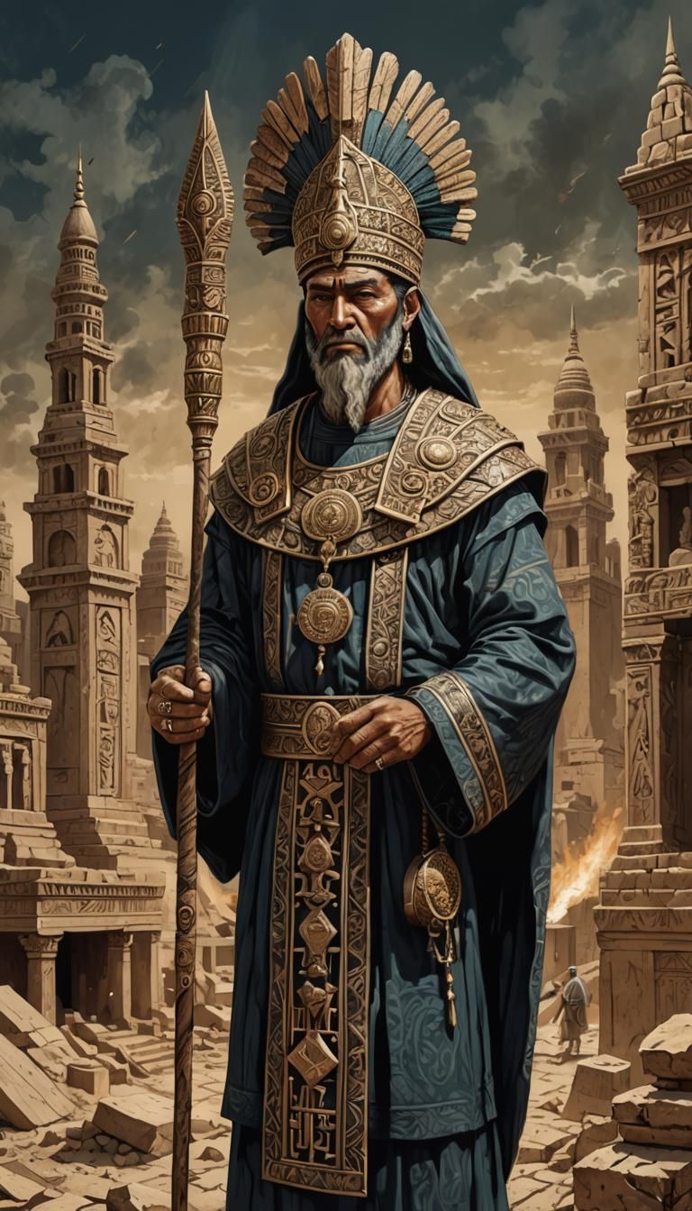 Sumerian Priest in Decaying City Illustration