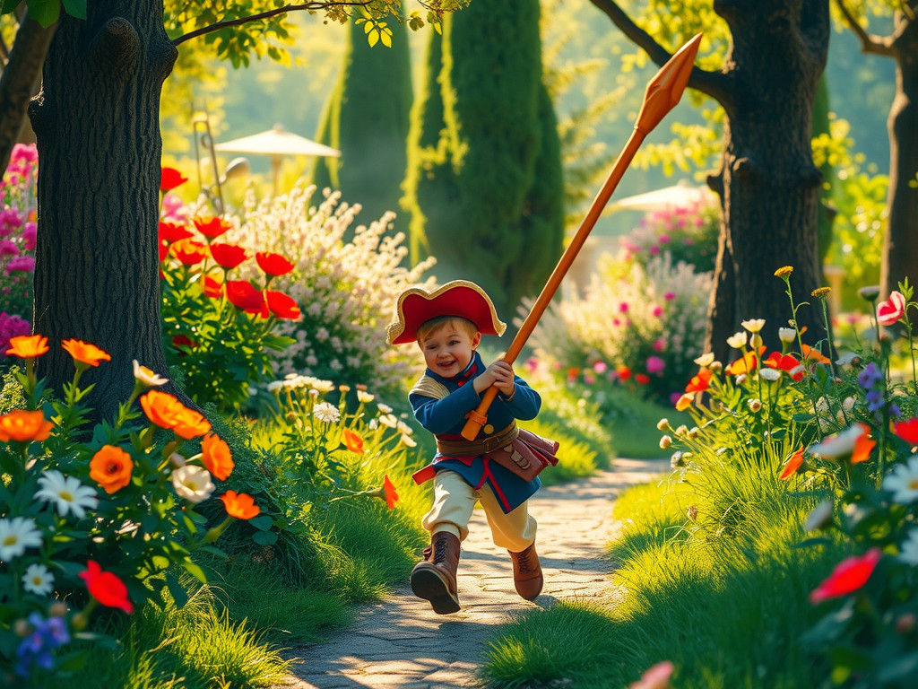 Joyful Hussar Boy Chases Playful Fool Through Whimsical Gard...