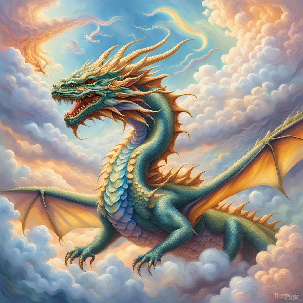 Ethereal Dragon Soaring in a Misty Cloudscape
