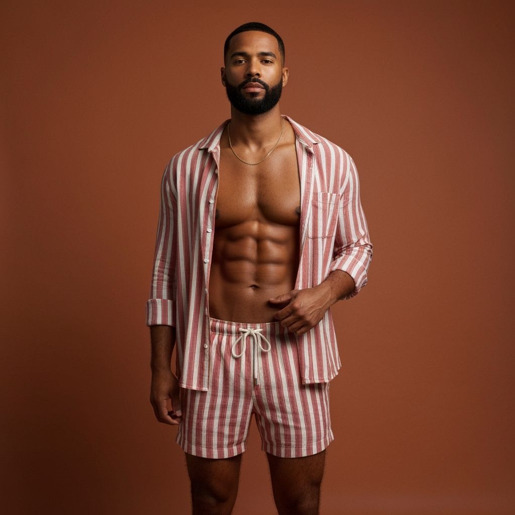 Man in Striped Set Posed Confidently in Studio Lighting