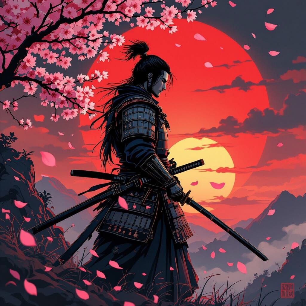 Samurai Silhouette Against Crimson Sunset in Japanese Style