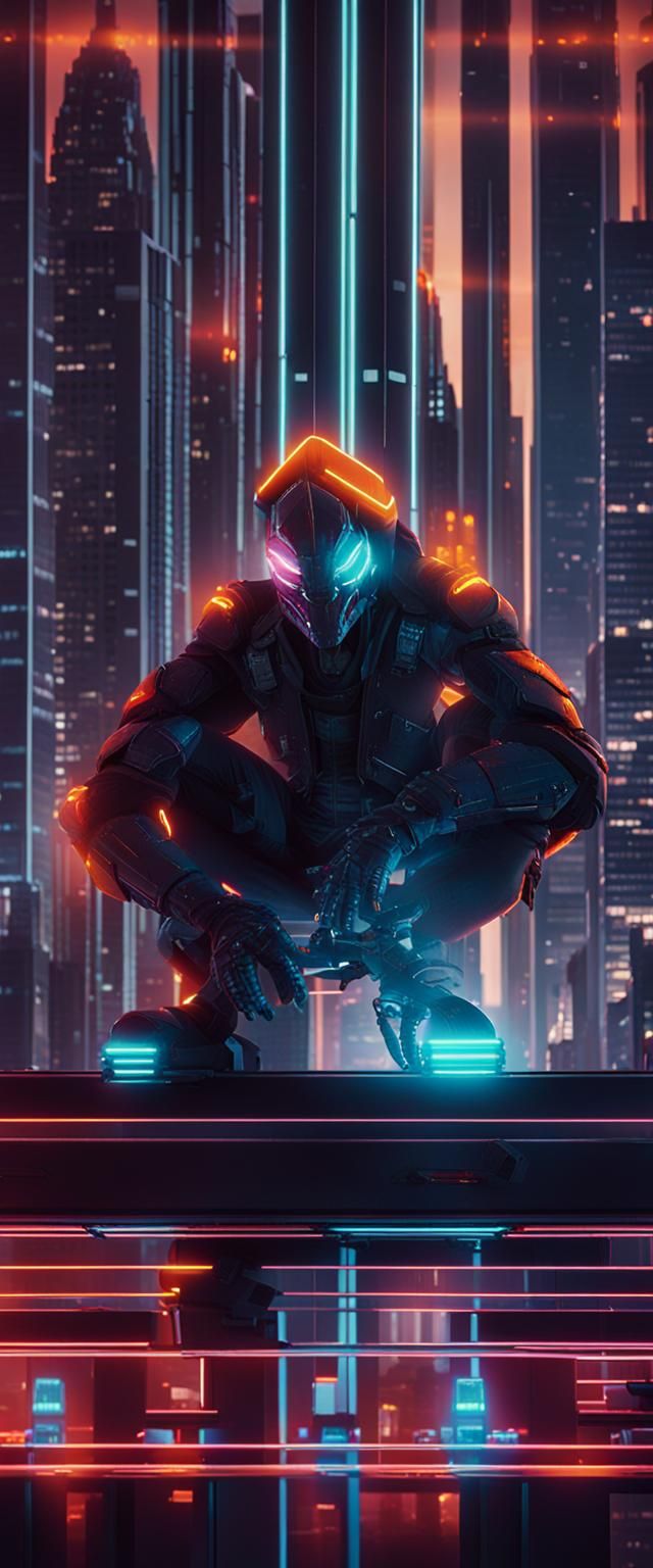 Epic Sci-Fi Hero Stands Tall in Neon City Night