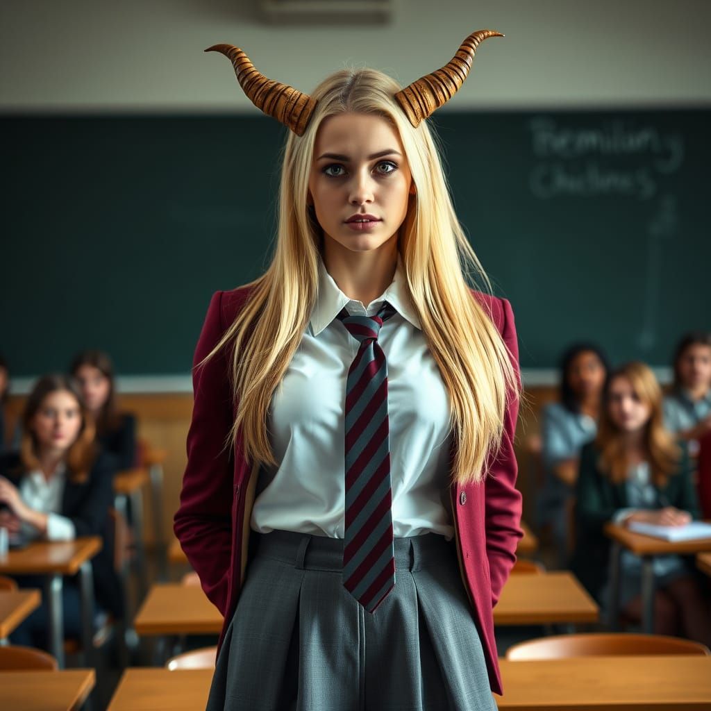 Confident Demon Schoolgirl Exudes Intelligence in Elegant Un...