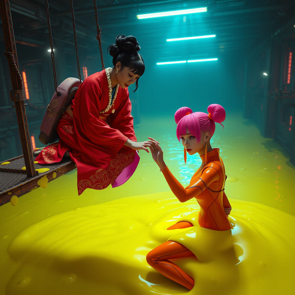 Woman in Kimono Reaching for Pop Star in Slime