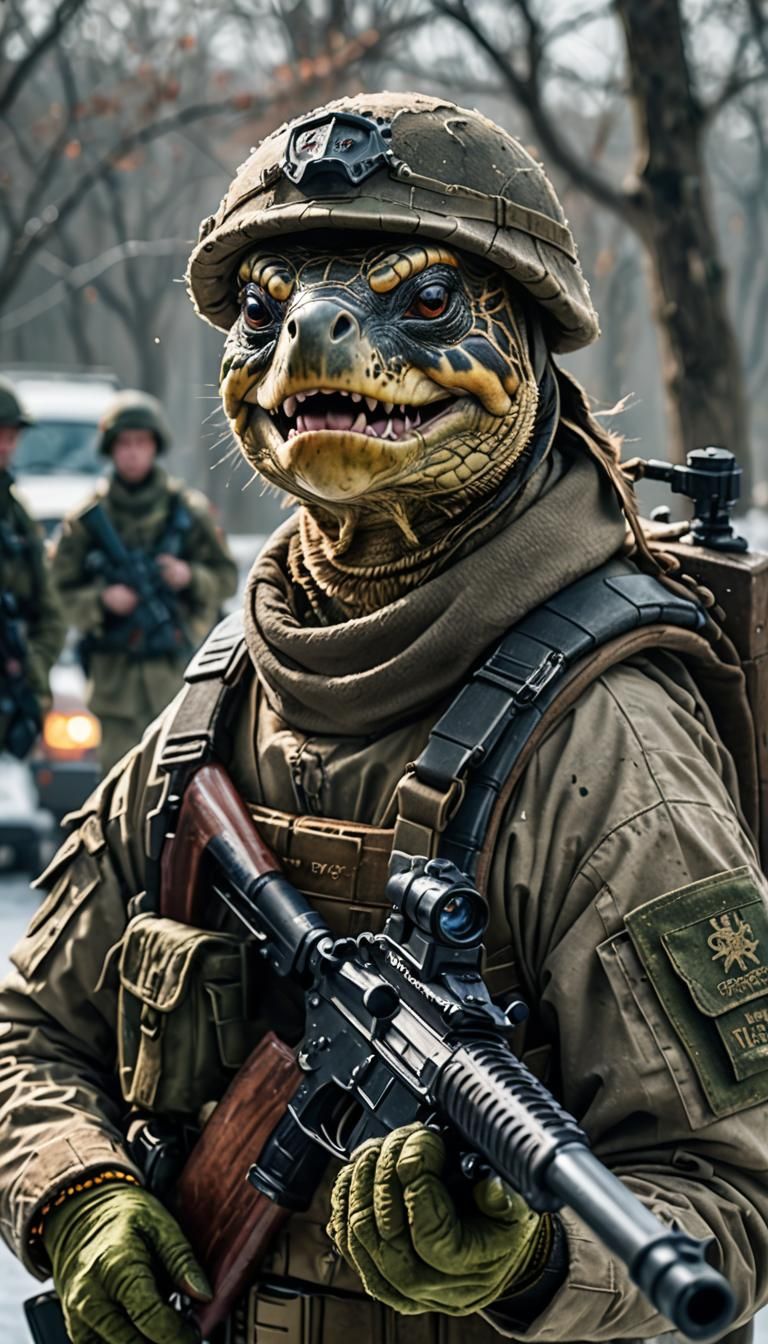 Courageous Battle Turtle in full winter military uniform