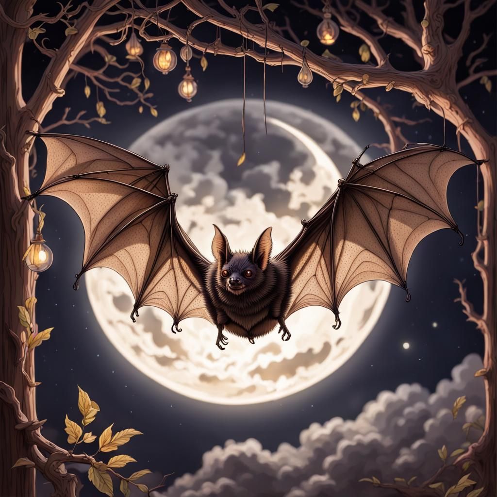 Ornate Bat in Moonlight with Translucent Wings