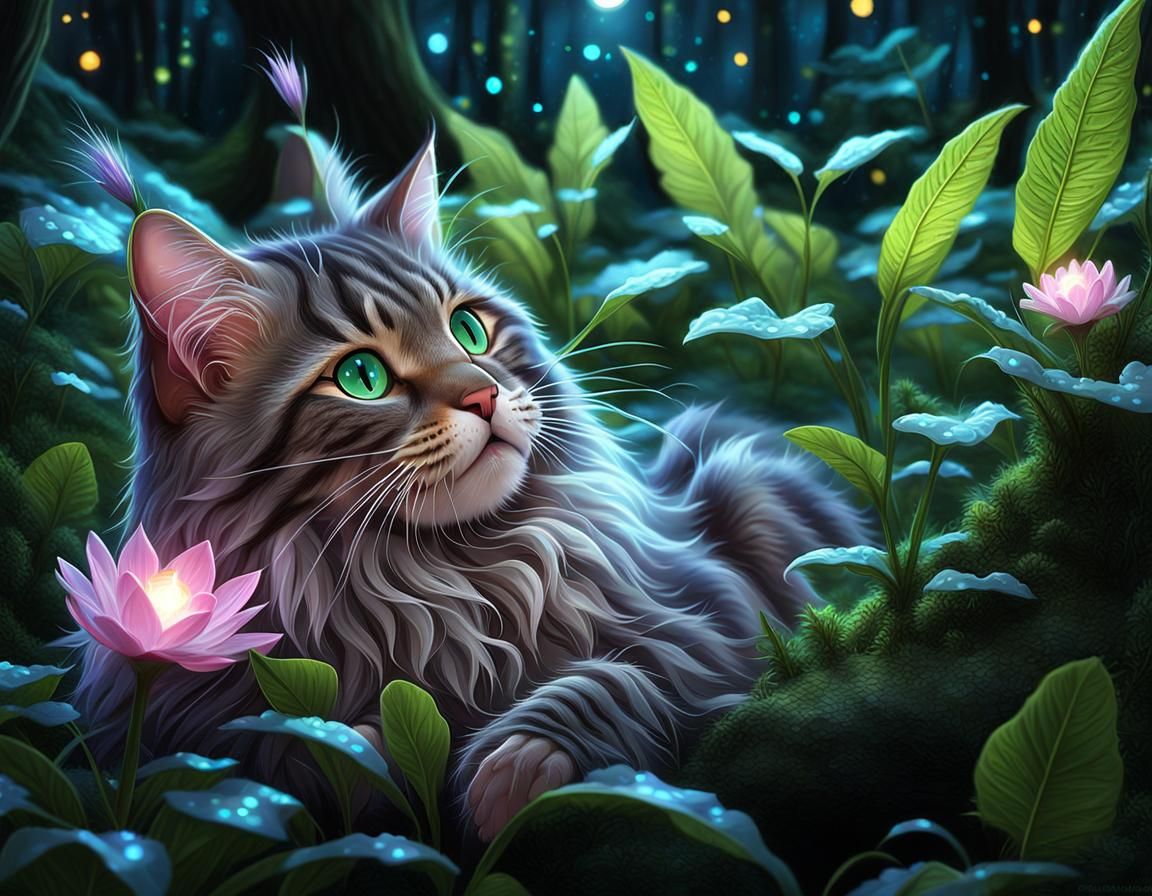 Cute Pezzottaite Maine Coon Cat in Bioluminescent Forest
