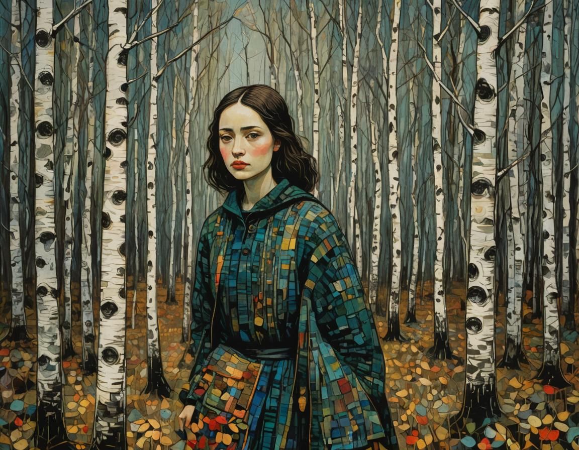 Girl in Birch Forest: Abstract Intricate Art