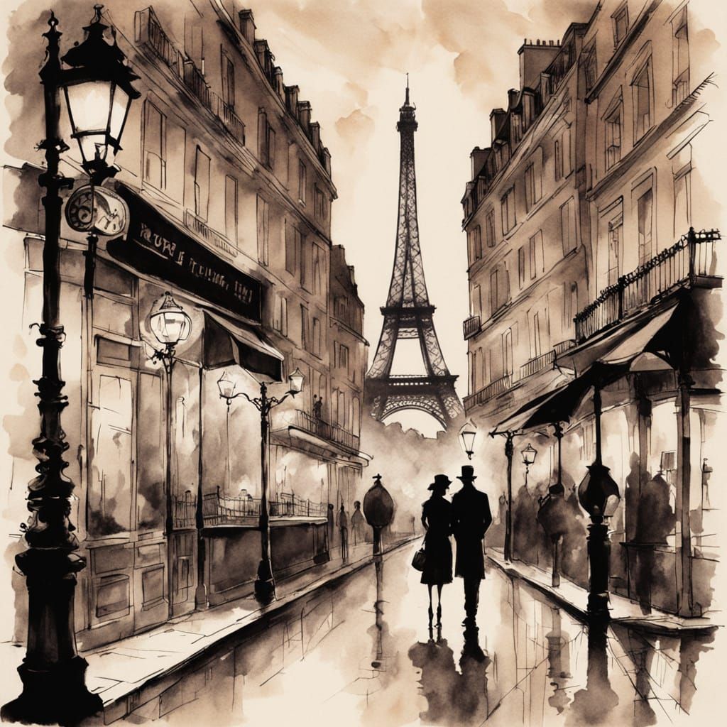 Couple at Eiffel Tower Night Scene in Modern Ink Style