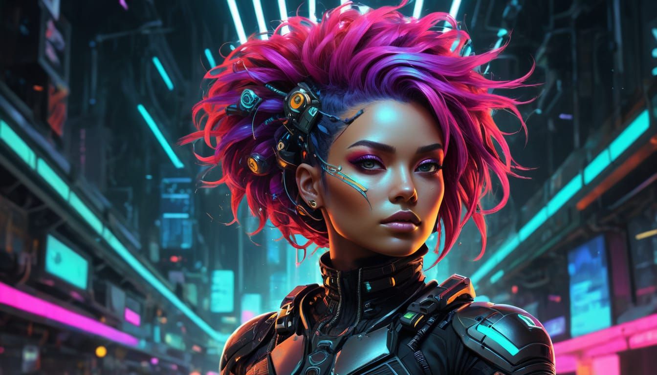 Punk Woman Rides Puma in Abstract Fractal Landscape