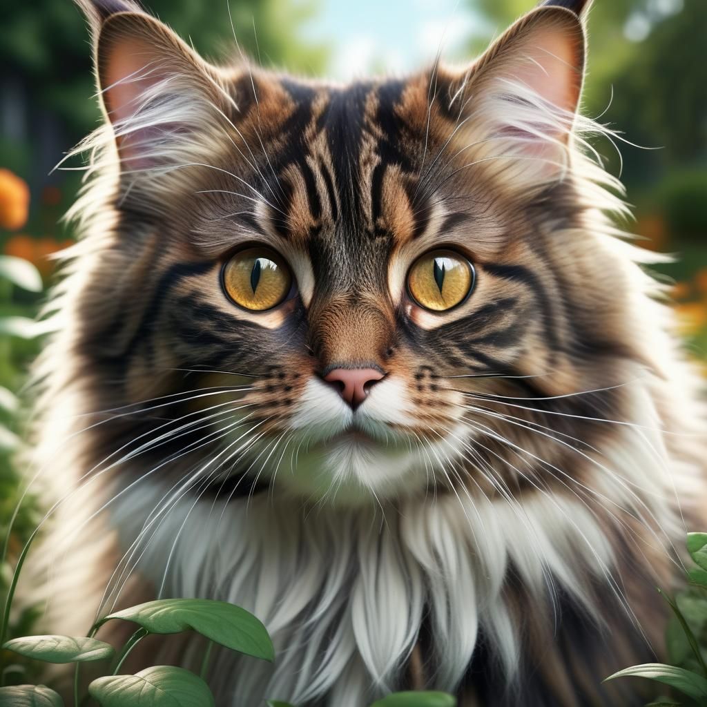 Norwegian Forest Cat in Lush Garden: Digital Art