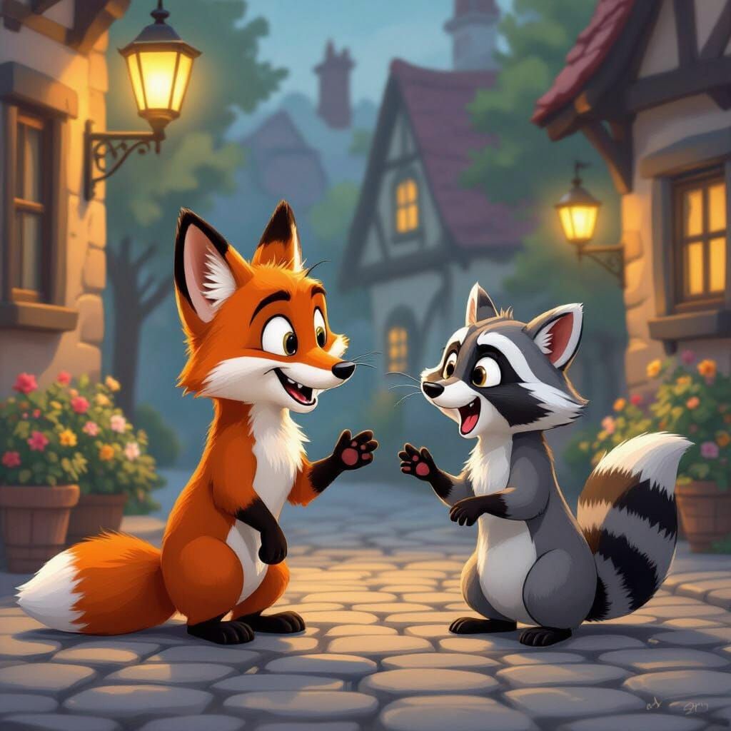 Comical Fox Meets Surprised Raccoon in Cartoon Village