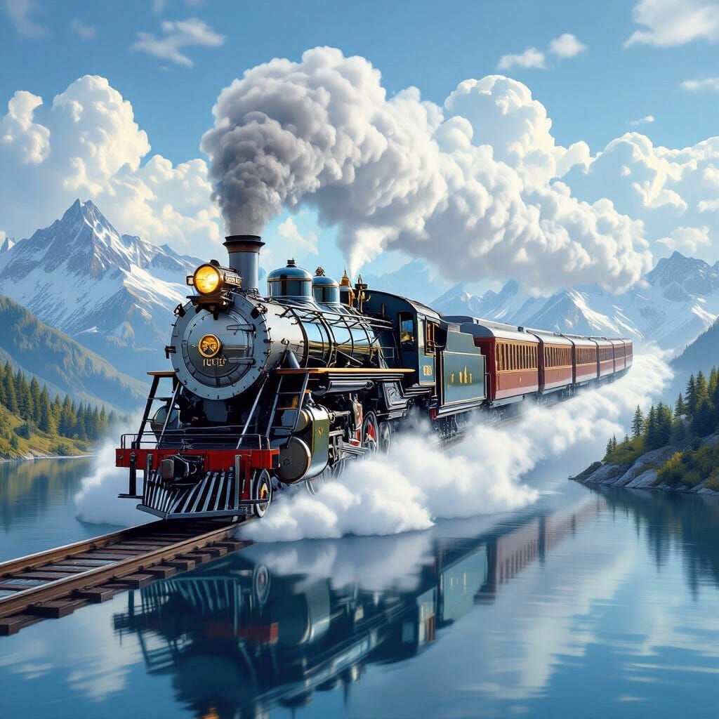 Chrome Steampunk Locomotive Soaring Through Clouds