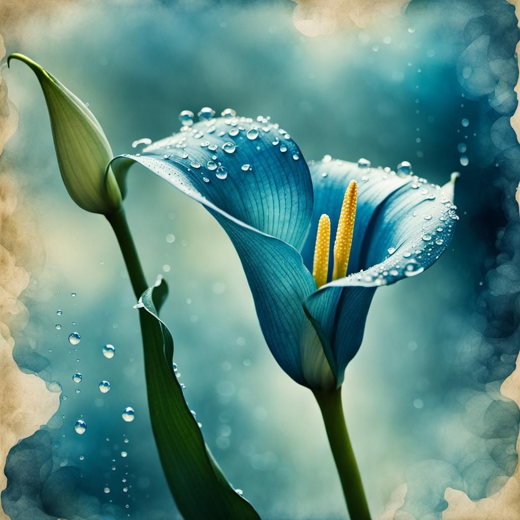 Ethereal Cyanotype Calla Lily with Dew Drops