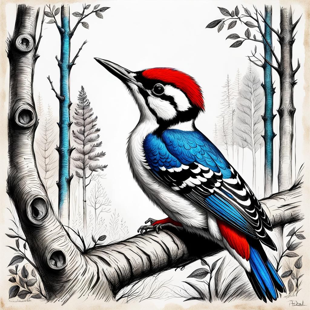 Baby Woodpecker in Forest: Folk Art Charcoal Sketch