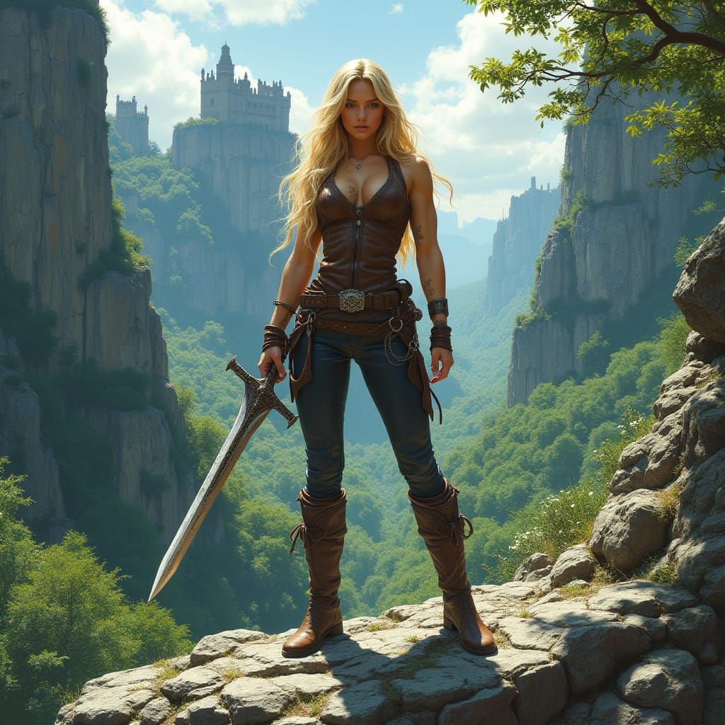 Amazonian Warrior Stands Tall on Rocky Outcropping, Sword in...