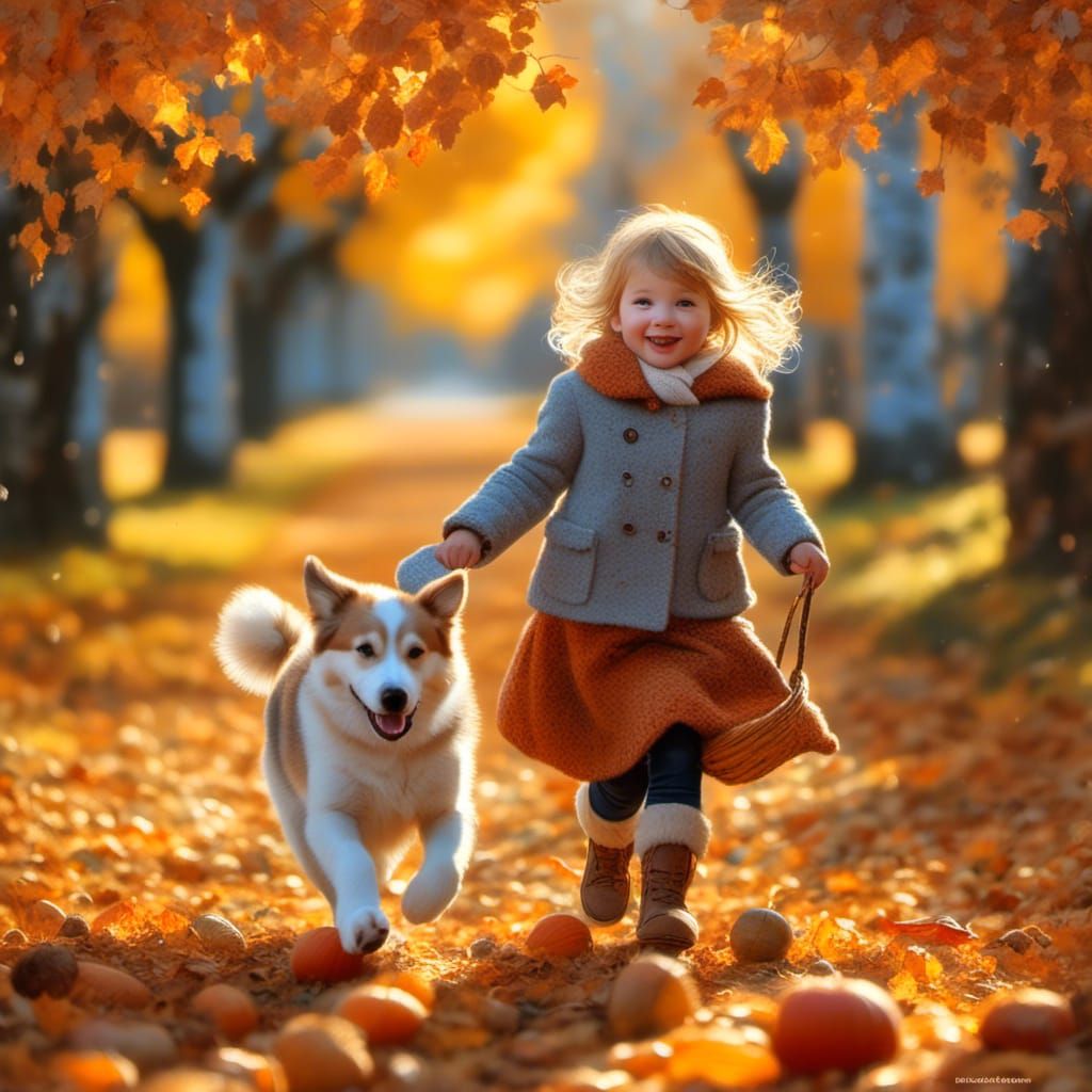 Toddler and Dog Playing in Autumn Leaves