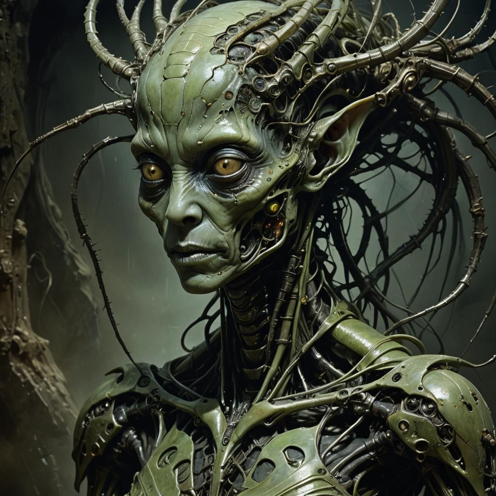 Biomechanical Mantis Alien Portrait in Surreal Style