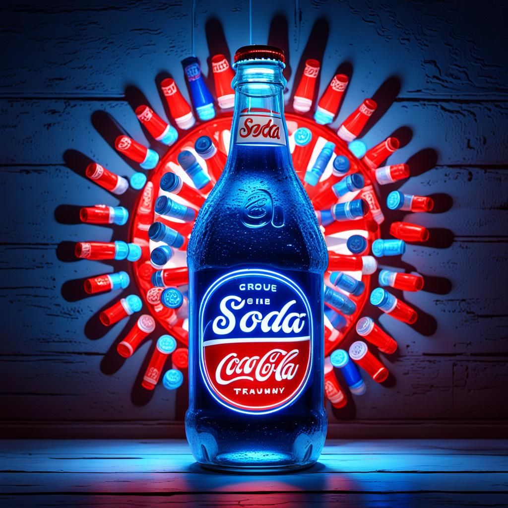 Vintage Soda Bottle with Neon Blue Glow