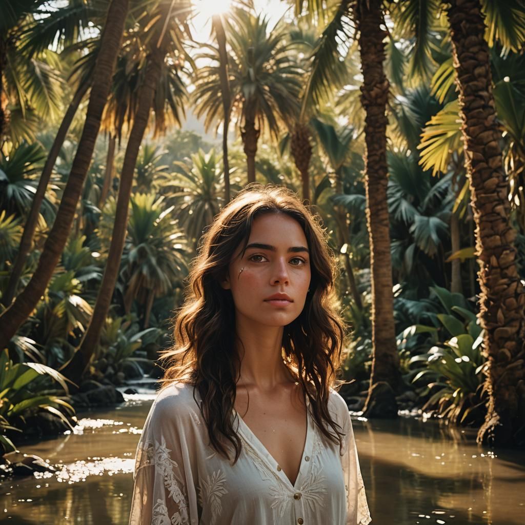 Brunette Woman in Oasis at Sunset