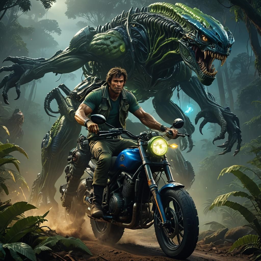 Aliens and Rambo on Monster Bike, Fantasy Concept Art