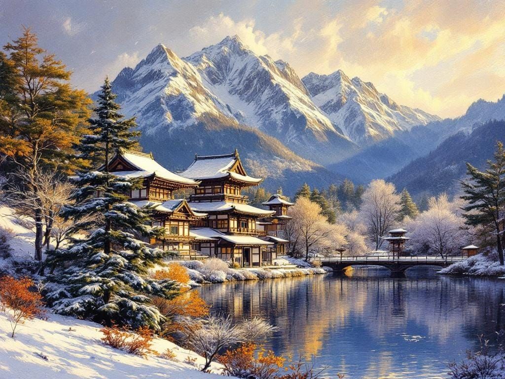 Katsura Imperial Villa in Winter Light as Impasto Painting