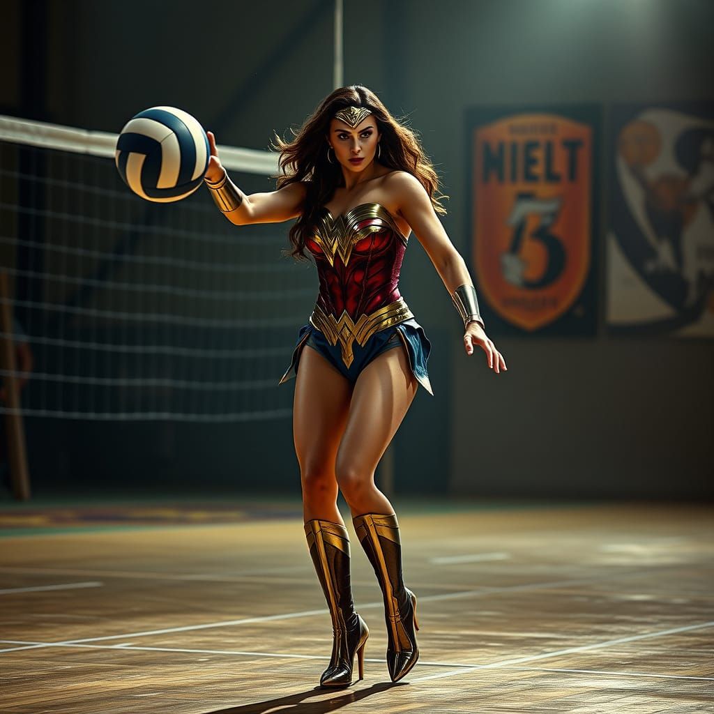 Wonder Woman in Volleyball Outfit, Hyperrealistic Style