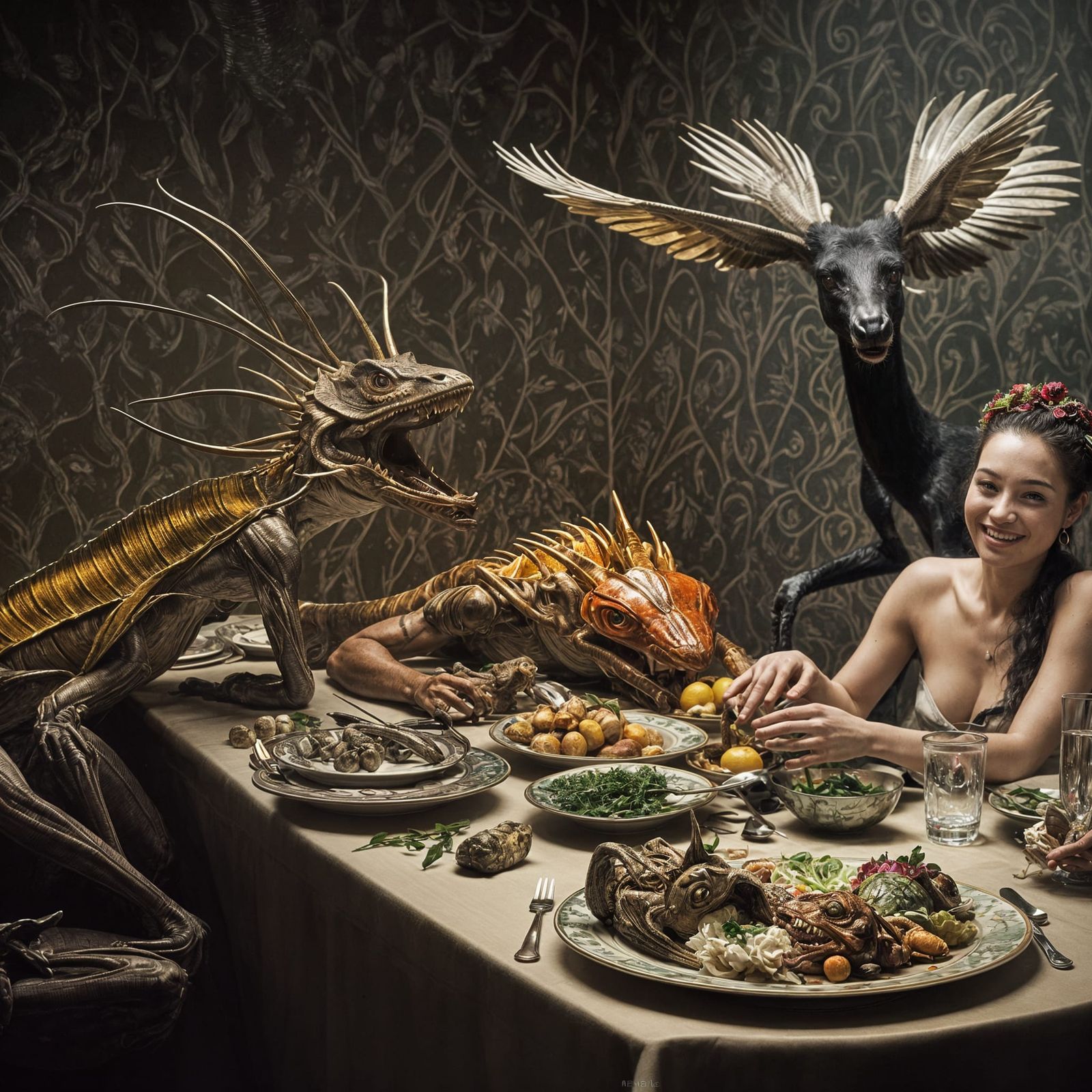 Surreal Restaurant Celebration with Exotic Aliens