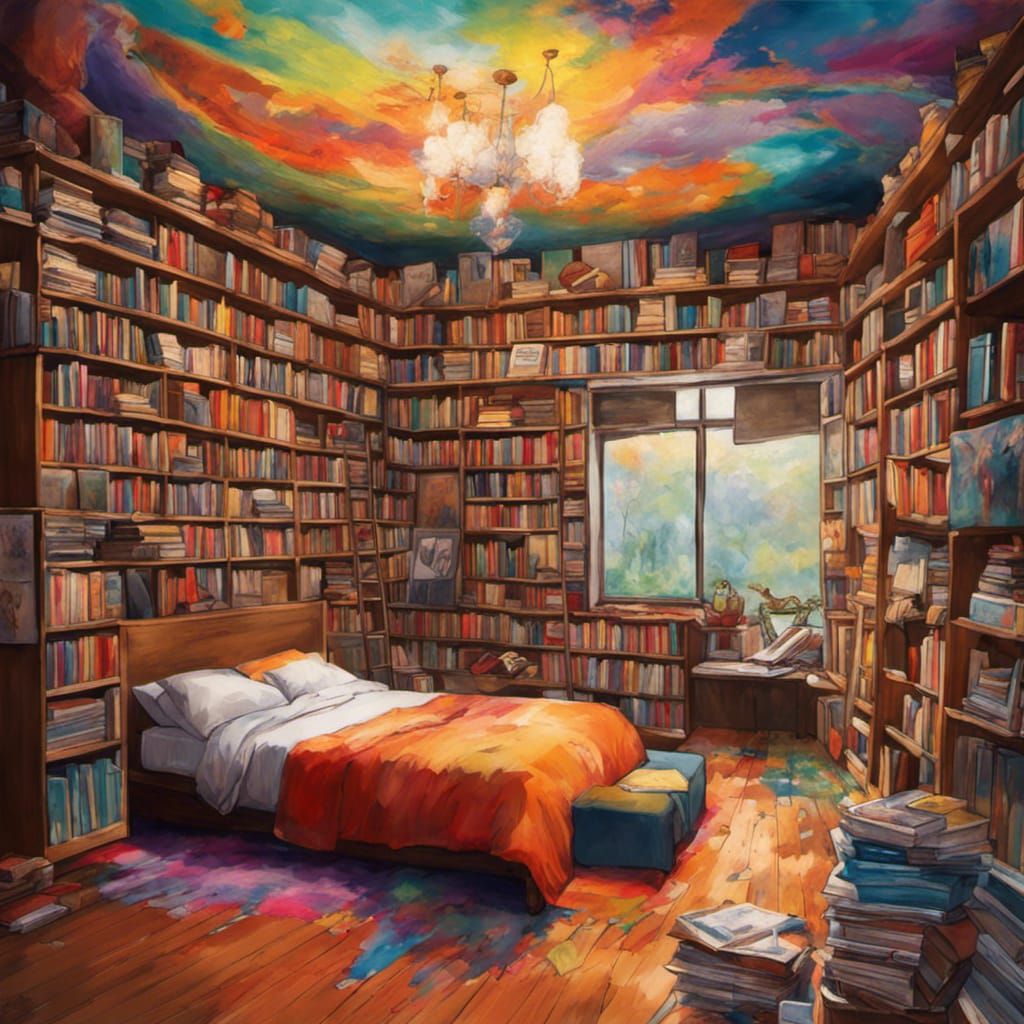 Cozy Bedroom with Rainbow Bookshelves, Oil Painting