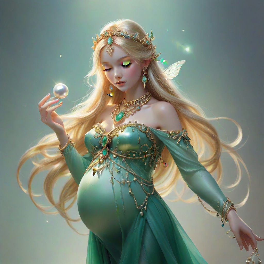 Pregnant Fairy Goddess Admires Jade Pearl in Vibrant Jewelry...