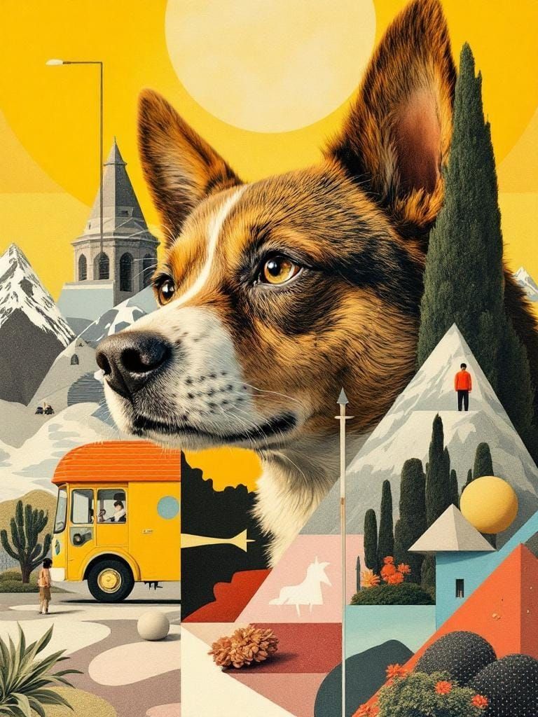 Dog in Surrealist Landscape, Magritte and Anderson Style